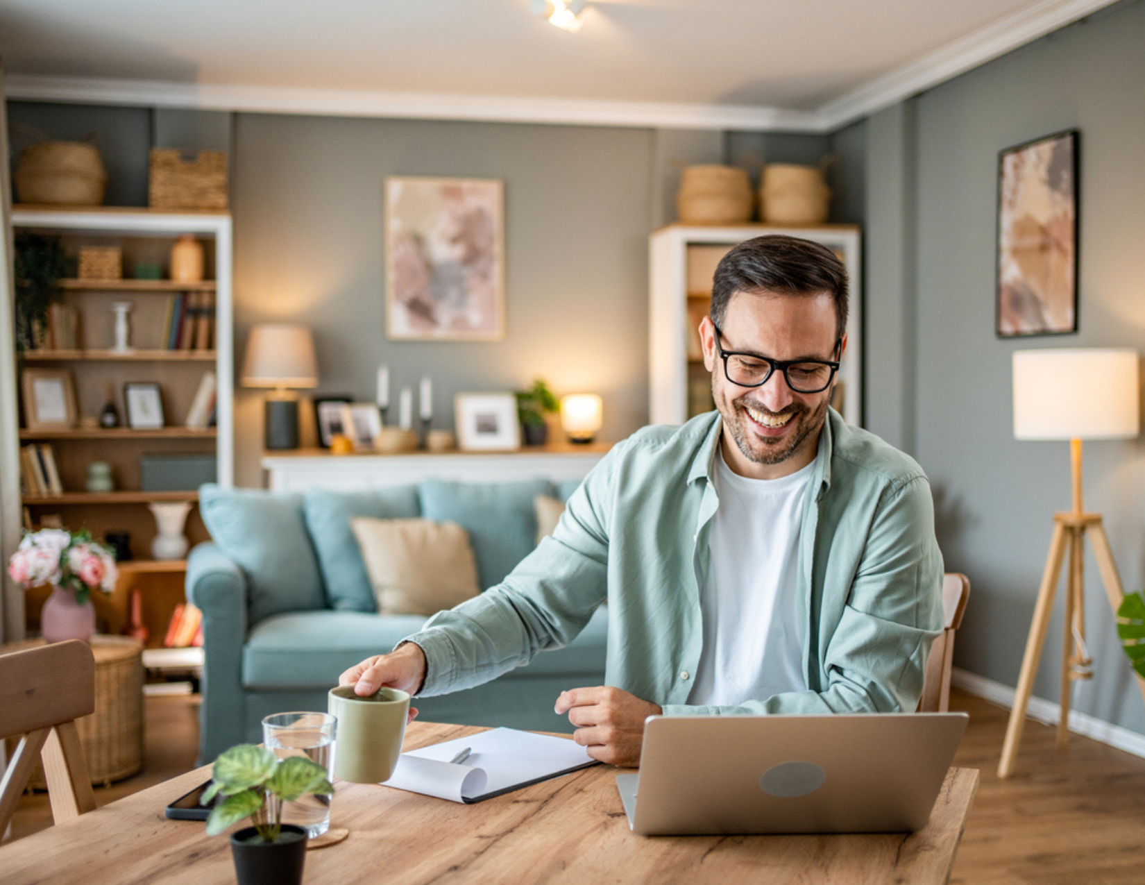 Man using laptop on telemedicine video call in home living room